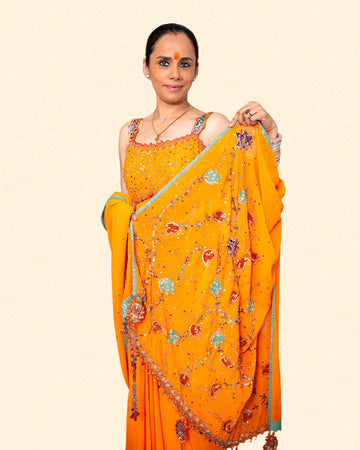 Fire Orange Embroidered Saree