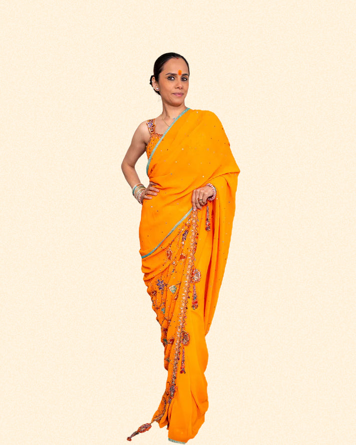 Fire Orange Embroidered Saree